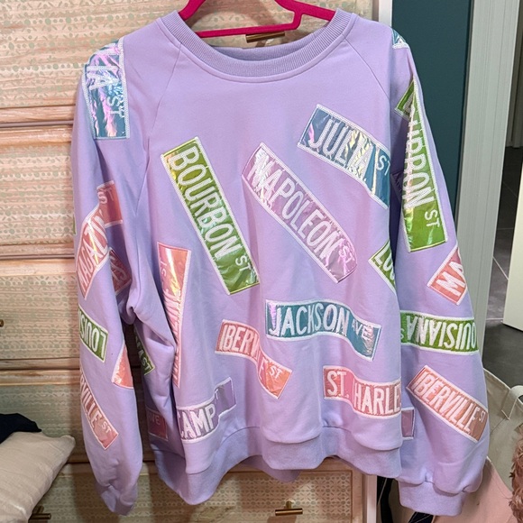 QUEEN OF SPARKLES Jackets & Blazers - QUEEN OF SPARKLES Lavender Mardi Gras Metallic Street Signs Sweatshirt